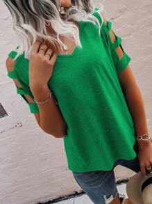 SHEIN LUNE Solid Color Simple Fashion Short Sleeve T-Shirt, Suitable For Summer - Green - View 6