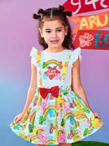 SHEIN X Care Bears 少女卡通熊印花白色盖袖休闲T恤和黄色可爱蝴蝶结吊带裙两件套