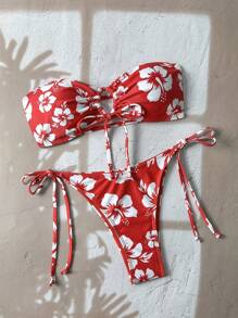 Swim Mod Springbreak Women's Floral Random Prints Drawstring Bandeau Bikini Sets For Summer Beach Vacation - Black - View 1