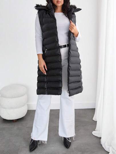 EURMUSE Women's Zip Up PU Leather Fur Hooded Long Sleeveless Winter Coat