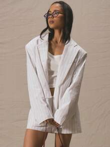 MUSERA Oversized Striped Linen Faux Pocket Detail Blazer Only Spring Summer Cute Vacation Elegant Business Casual Graduation Prom Wedding Guest Birthday Old Money Work - Multicolor - View 3