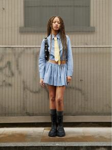 COUREZ 松紧腰蓝色细条纹迷你裙 Y2K 复古风 - 藍色 - 查看 4