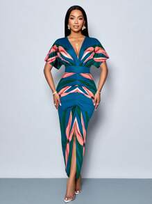 SOLERSUN 女士优雅印花 V 领开叉紧身派对连衣裙，春夏季假日装