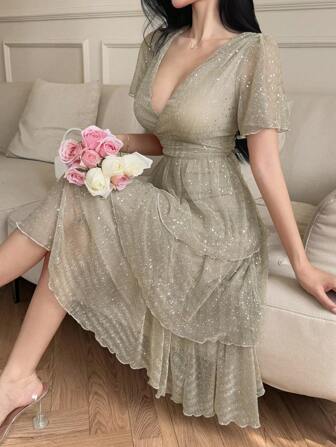 DAZY 亮片 V 领荷叶边袖优雅中长连衣裙女士舞会礼服派对女士太阳裙返校节礼服奢华