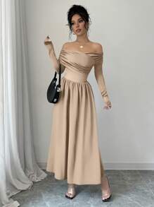 SHEIN Unity Women's Solid Color Off-Shoulder Long Sleeve Ruffle Fashion Elegant Dress - Khaki - View 4