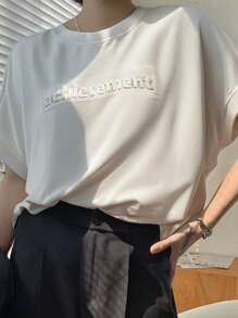 FRIFUL Women's Round Neck Loose Letter Print Short Sleeve Casual T-Shirt Long Sleeve Women Tops - White - View 1