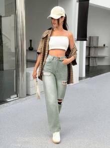 SHEIN PETITE 破洞极简牛仔裤，适合夏季