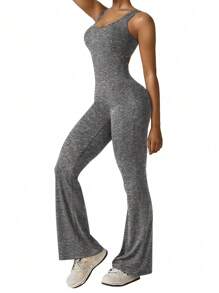 SHEIN Privé Große Größen Lässig Sport Yoga Sommer einfarbige Hose mit Ausschnitten, enger Romper Jumpsuit - Grau - Übersicht 9