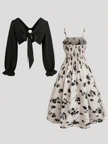 SHEIN Unity 女式修身碎花复活节吊带迷你连衣裙 + 雪纺披肩夹克套装，修身大码两件套 - 彩色 - 查看 2