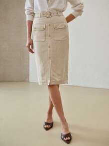 MOTF PREMIUM LINEN PENCIL SKIRT - Khaki - View 3