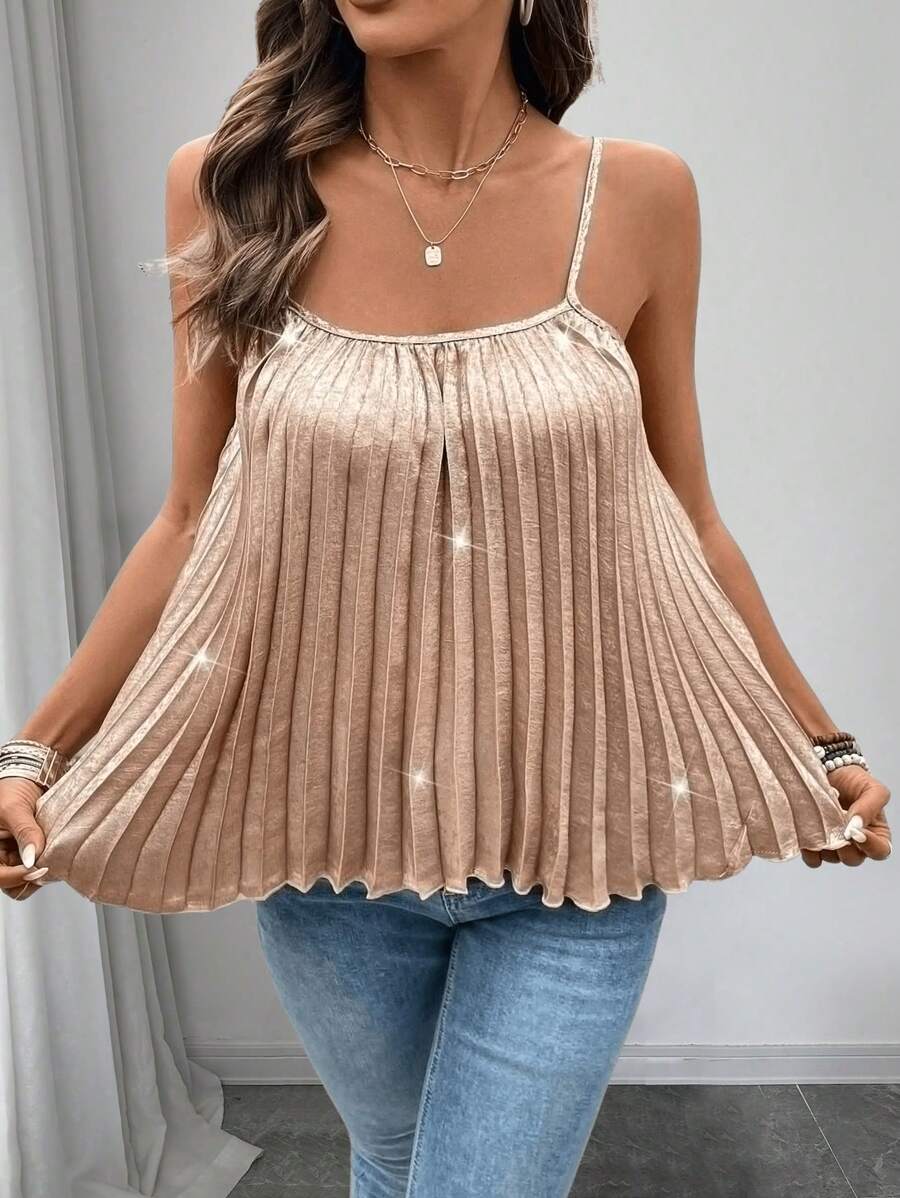 SHEIN Clasi Women's Delicate Pleated Metal Foil Fabric Camisole - Champagne - View 1