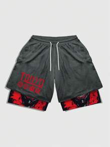 ROMWE MEN Anime Men's Minimalist Fashion Suitable For Summer Shorts - Dark Grey - View 3