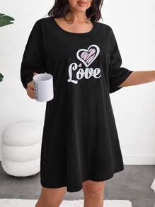 RueChic Women Plus Size Heart Printed Homewear Basic Sleep Dress - Black - View 5