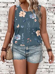 SHEIN VCAY Plus Size Floral Print Sleeveless Tank Top, Casual Style Suitable For Going Out - Blue - View 4