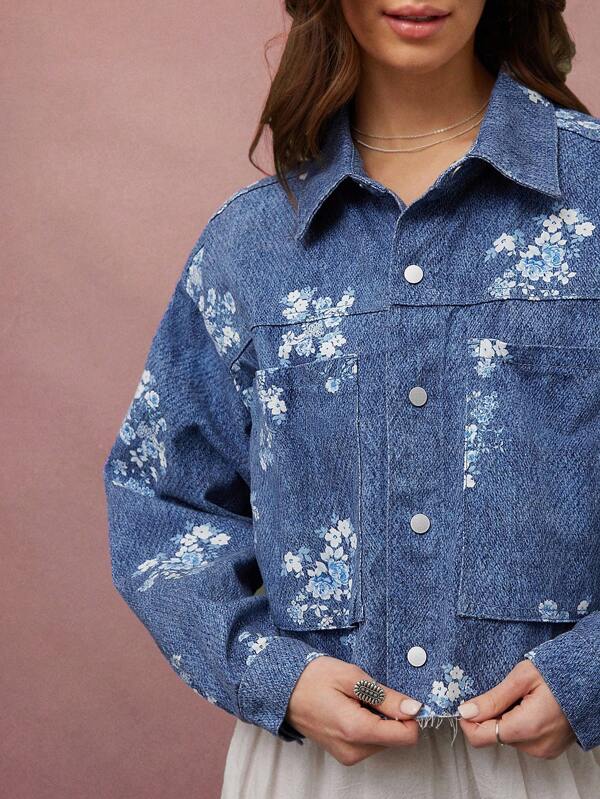 WESTFADE 领口纽扣前西部风实用口袋毛边下摆春季碎花印花牛仔长袖夹克