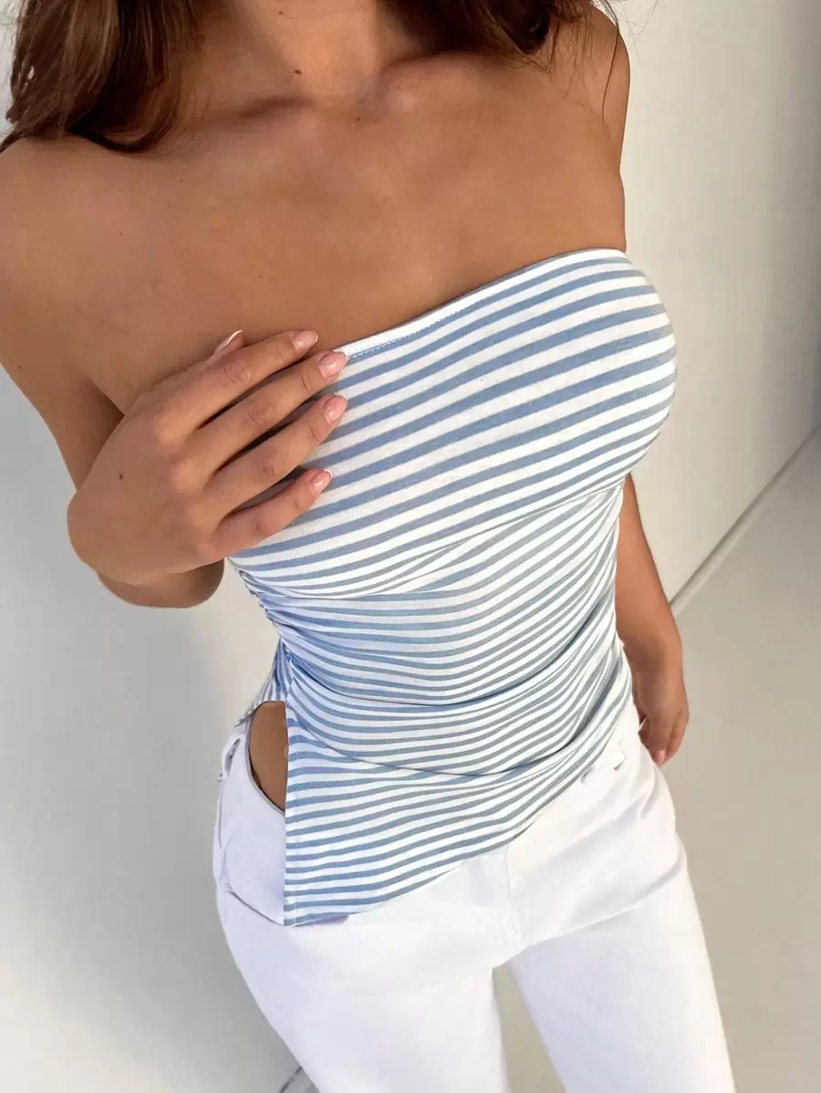 SHEIN EZwear 女式條紋不對稱露肩上衣，帶露背設計和斜分裂，時尚簡約 - 藍色 - 查看 1