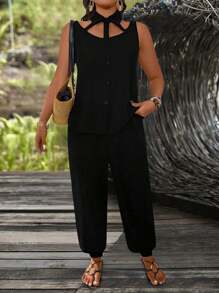 SHEIN LUNE Plus Size Women Casual Turn-Down Collar Cutout Top & Drawstring Hem Pants Set - Black - View 6