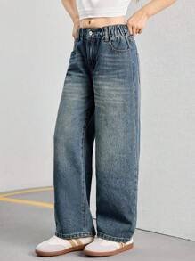 SHEIN Explorewe Streetcool Tween Girls Vintage Loose Wide Leg Jeans, Casual Straight Leg Denim Pants - Dark Wash - View 9