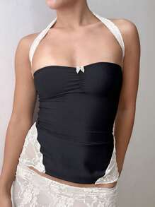 INAWLY Damen Crop Top mit Schmetterlings-Dekor und Falten, modisch - Schwarz - Übersicht 3