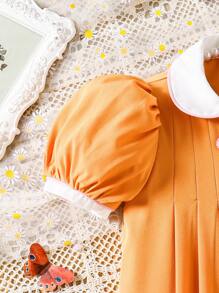 SHEIN Young Girl' Vacation Gingham Colorblock Ruffle Trim Puffed Sleeve Ruched Smocked Dress With 3D Cherry Decor, Spring/Summer - Coral Orange - View 3