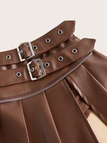 SHEIN ICON 时尚低腰双腰带百褶开叉裙