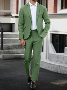 Calvornis 男士纯色长袖西装外套和裤子套装男士正装西服男士正装西装男士正装西服 - 綠色 - 查看 8