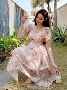 Đầm ngắn họa tiết hoa nhỏ nhắn cho nữ, eo thắt nơ, màu tương phản, xếp nếp - Nhiều màu - Xem 6