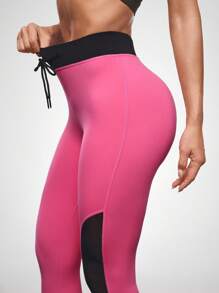 Menodora SHEIN Sport Solid Color Patchwork Leopard Net Mesh Sports Leggings - Pink - View 6