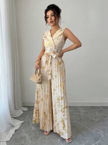 Chiquease 女士优雅金箔翻领双排扣短袖收褶阔腿连体裤，春夏 - 杏色 - 查看 5