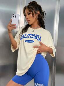 Chiquease Set casual de 2 piezas con camiseta de cuello redondo y hombros caídos con estampado de letras y shorts para mujer