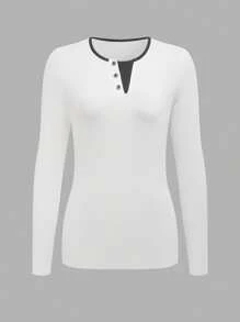 SHEIN Unity Blusa casual da donna con scollo a V, decorata con bottoni, a blocchi di colore, manica lunga, vestibilità slim