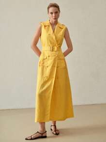 MOTF PREMIUM LINEN BELTED DOUBLE BREASTED DRESS