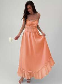 Aloruh 2 件套女士浪漫约会度假撞色边纹理吊带背心上衣 + 撞色边伞形下摆裙 - 珊瑚粉 - 查看 4