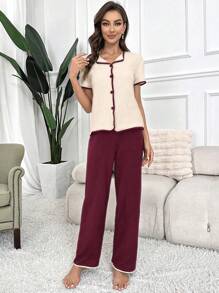 SHEIN Women's Color Block Patchwork Front Button Short Sleeve Minimalist Top And Pants Pajama Set Lounge Set - Burgundy - View 5