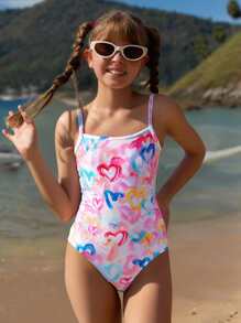 SHEIN Tween Girl 霓虹心形印花可调节肩带连体泳衣 - 彩色 - 查看 1
