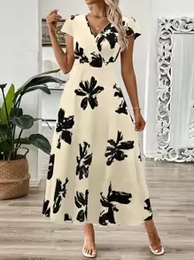 SHEIN Clasi Women's V-Neck Long Branch & Leaf Print Waist Flare Dress, Summer