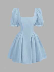 SHEIN Tween Girl 编织纯色方领无袖 U 型后蝴蝶结褶皱腰中长连衣裙，漂亮的背部设计，淑女范，法式优雅，公主风格，适合婚礼季节、毕业舞会 - 淺藍色 - 查看 9