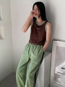 DAZY 2 件套青少年女孩字母印花吊带背心和短裤休闲套装，女孩夏季服装，返校服装 - 綠色 - 查看 2