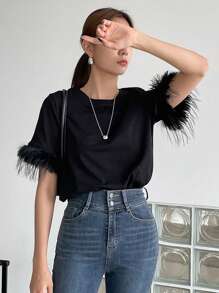 DAZY Camiseta de cuello redondo con puños de felpa, estilo preppy - Negro - Ver 5