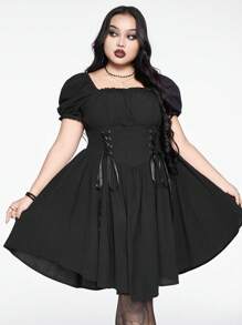ROMWE Goth Plus Size Square Neck Puff Sleeve Swing A-Line Drawstring Waist Dress - Black - View 1