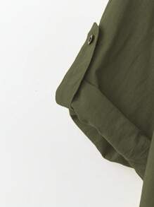 Linhara 女士亚麻不对称下摆长袖衬衫，春夏 - 軍綠色 - 查看 3