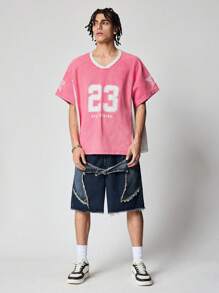 ROMWE MEN Prep Men's V-Neck Raglan Sleeve Short Sleeve Number Print Denim Top, Football Style - Pink - View 2