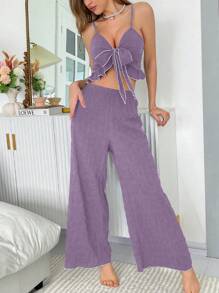 SHEIN Women Contrast Color Bow Strap Camisole & Pants Pajama Set - Purple - View 6
