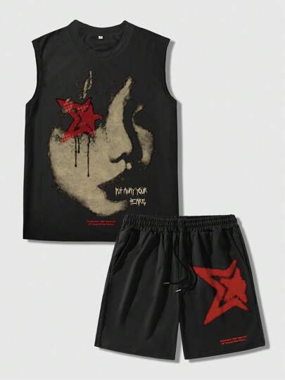 Grunge Punk Men's Grunge Figure Face Print Tank Top Set, Fashion Casual Everyday Wear