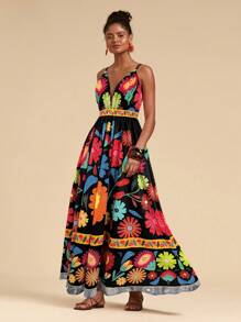 Travachic 女士花卉印花低胸细肩带连衣裙，性感海滩度假风格，度假沙滩裙 - 黑色 - 查看 3