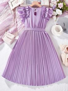 Tween Girl Ruffled Double Layer Puff Sleeve & Pleated Hem Dress - Purple - View 2