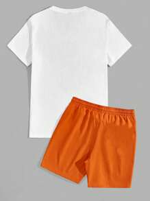 Manfinity RSRT Zestaw męski w kolorze palmy z nadrukiem w blokach kolorów, plażowy kurort, swobodny, plus size, biały T-shirt z krótkim rękawem i pomarańczowe szorty, wakacyjny