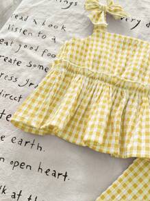 SHEIN LMoss Kids Bộ đồ yếm kẻ sọc dễ thương cho bé gái và quần cạp chun, mùa hè - Màu vàng - Xem 3