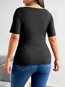 Flirla Plus Size Women Deep V-Neck Lace Patchwork Sexy Short Sleeve Black T-Shirt