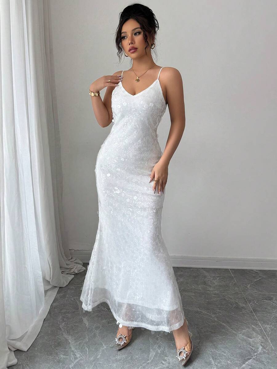 Elenzga Robe mi-longue fourreau élégante de couleur unie avec application de sequins